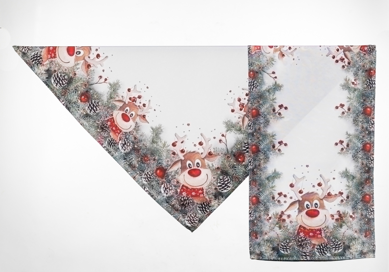 Tischdecke / Tischband / Kissen Weihnachten Elch mit roter Nase